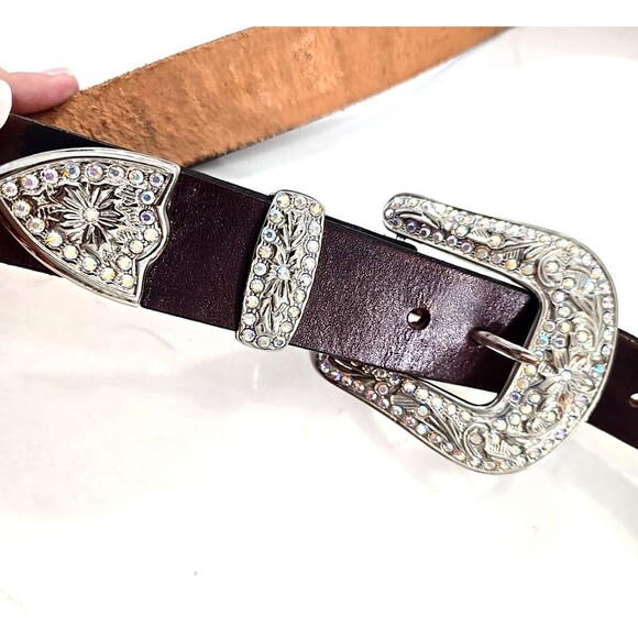 Leather Brown Belt Sz 38 Tooled Rhinestone Jessica Western Rodeo Country Cowgirl